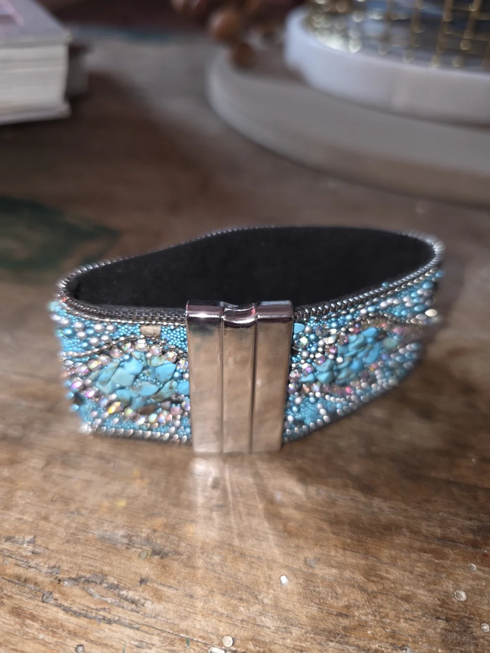 Source Unknown Turquoise Mosaic Beaded Cuff Bracelet with Silver Accents